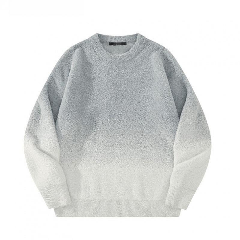 Men's High-End Gradient Color Sweater - Velvet, Round Neck, Long Sleeve Knit Pullover for Autumn/Winter.