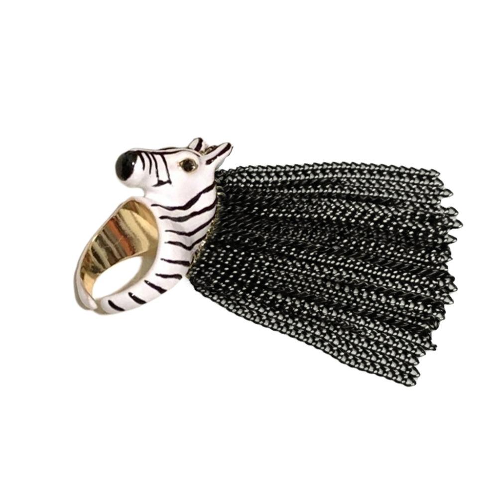Exaggerated Design Zebra Tassel Ring High-End Feeling Creative Design Zebra Head Ring Open Ring Metal Material Finger Ring