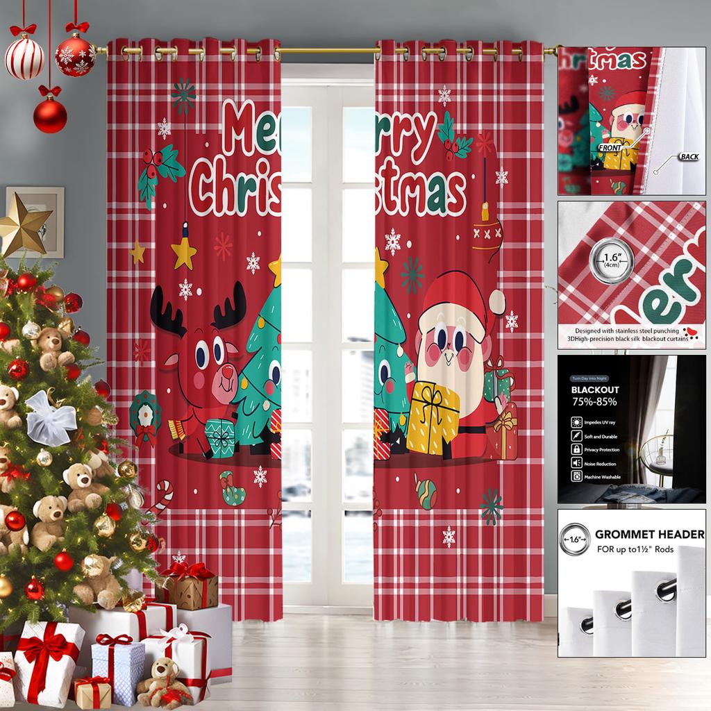 2pcs Christmas Snowman Checkered Print Blackout Curtains Multi Size Living Room Insulation Holiday Decoration Easy Installation