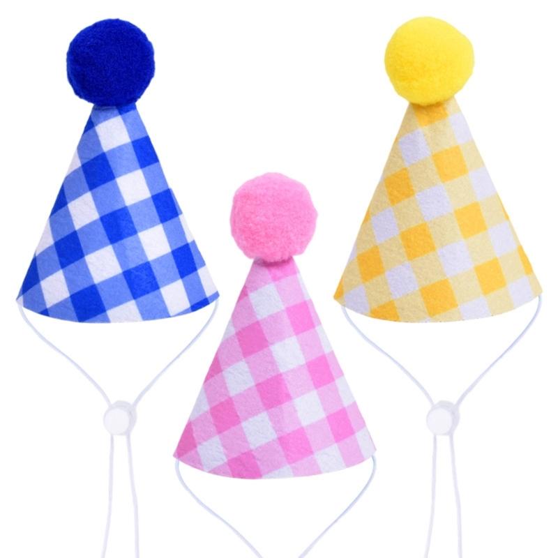 Nonwoven Pet Birthday Hat for Small Dog Cats, Checkered Party Cap, Elastic Cord, 10 X 6 Cm, Headpiece for Celebration Party