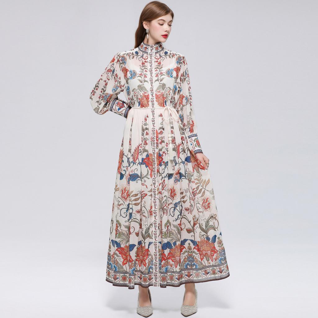 Robe de plage florale magnifique pour les vacances Printemps Été 2026 pour femmes Manches lanterne à col montant Boutonnage simple Ceintures Robe ample en mousseline