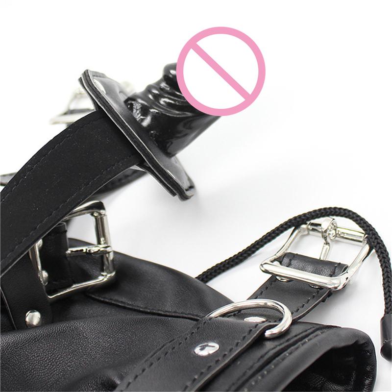 Kožená smyslově deprivační kukla s dildem a roubíkem do úst, bondage fetiš, otrocká kukla, oční maska, sexuální hračky pro ženy, hry pro dospělé