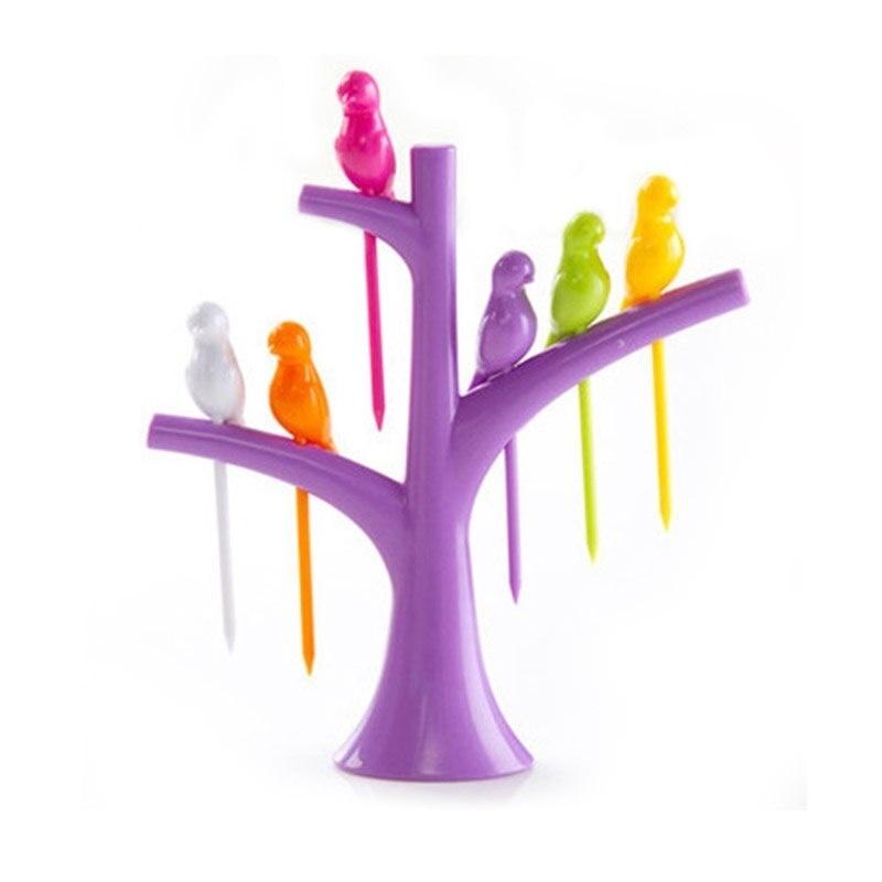 

6pcs Tableware Dinnerware Sets Creative Tree+Birds Design Plastic Fruit Forks фиолетовый