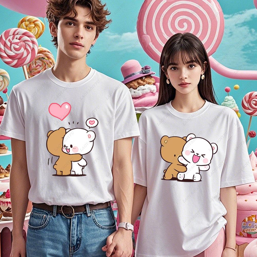 Kawaii Couple Tshirt Matching Milk and Mocha Cartoon Anime Print Cotton Unisex Women TShirt Couple Tee Summer Casual Shirt Tops