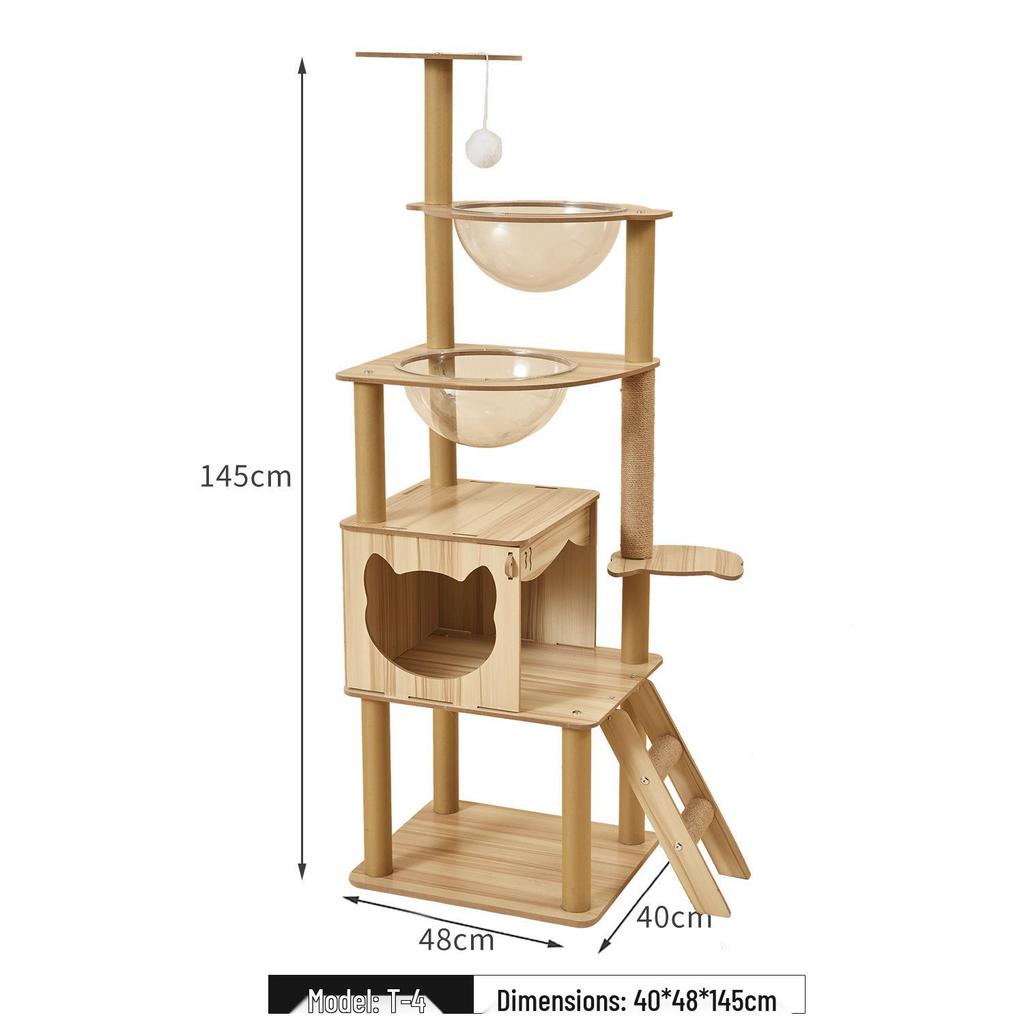 Large Wooden Cat Tree & Scratching Post with Space-Saving Design - Integrated Climbing Frame & House