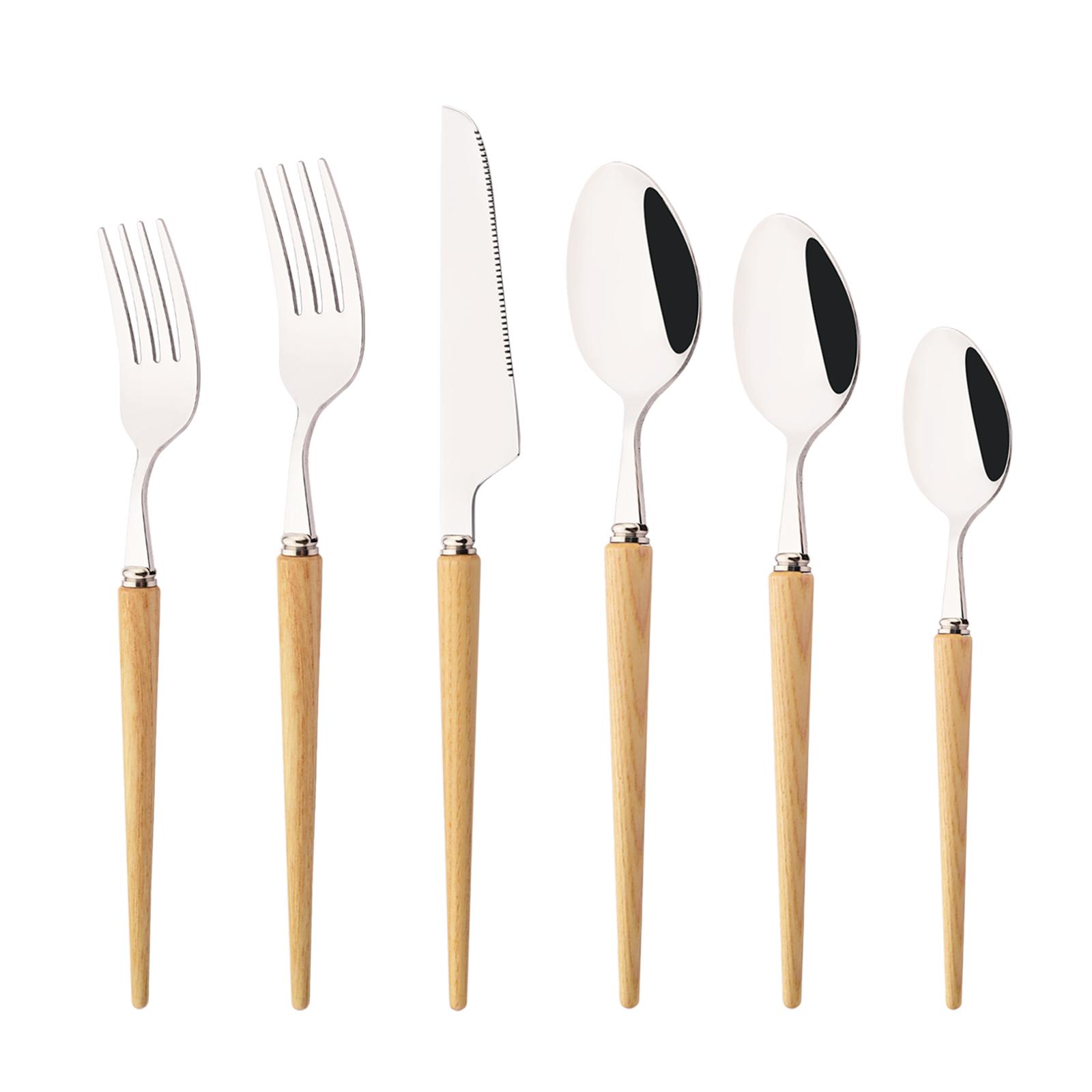 

Новый набор столовых приборов из нержавеющей стали, серебряная столовая посуда с деревянной ручкой, западная посуда, нож для стейка, вилка, чайная ложка, набор столового серебра 6pcs one set