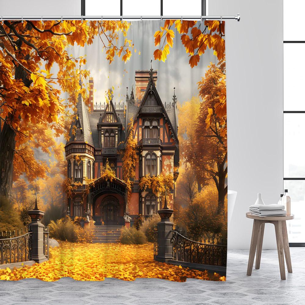 Herbstwald Duschvorhänge Rote Ahornbäume Fallende Blätter Straße Herbstlandschaft Stoff Heim Badezimmer Vorhang Dekor Mit Haken