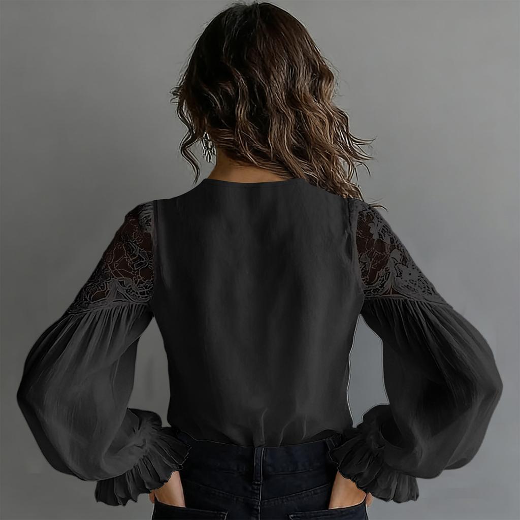 Ladies' Casual Lace Patchwork Bubble Sleeve Pleated Shirt Top