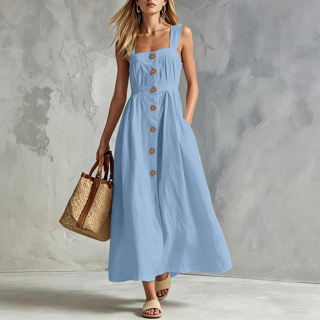 Women's Casual Sleeveless Dress with Thin Straps Button Front Long Dress with Pockets Lightweight Summer Maxi Dress
