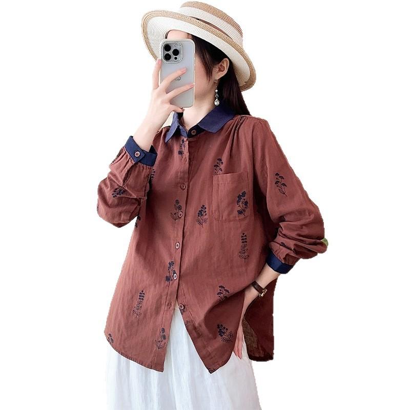New Japanese simple casual style double-layer cotton yarn pure cotton shirt women's loose and thin retro printed long-sleeved shirt