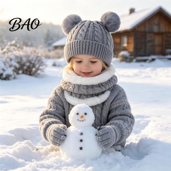 Outdoor Skiing Cold Protection Set Kids Winter Warm Knit Set, Bear Ear Hat, Fleece Lined Neck Gaiter & School Wear for Little Full Finger Gloves,