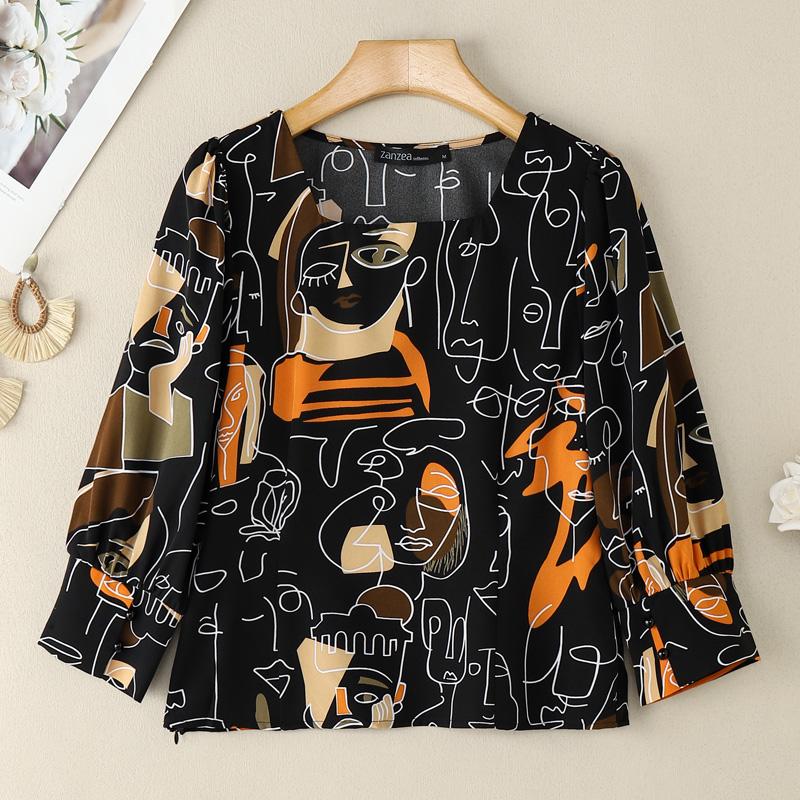 ZANZEA Women Square Collar Casual 3/4 Sleeve Loose Print Blouse