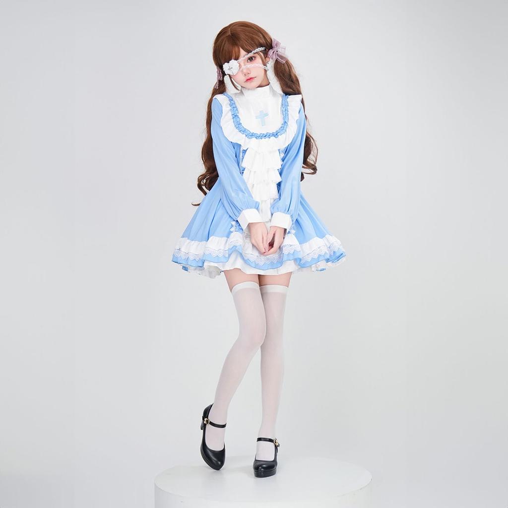 Milky Time Halloween Cosplay Costume for Women, Sister Maid with Eyepatch, Black and Light Blue