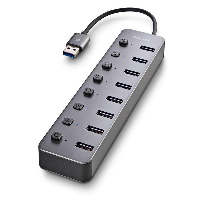 NGS IHUB 8 : Hub 8 Ports USB 3.0, Transfert 5Gbps, Câble 180mm, Plug & Play, Noir