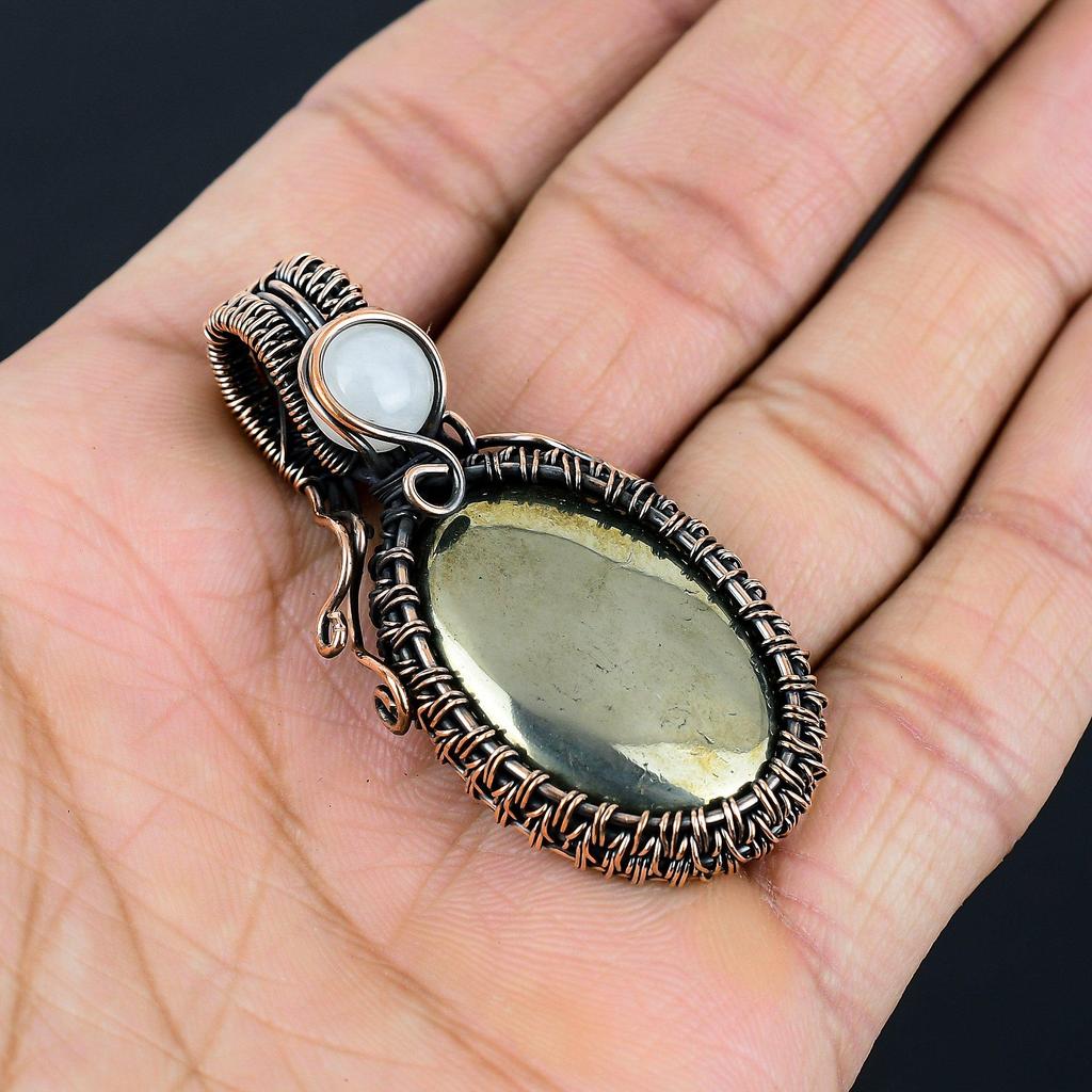 Ravishing Pyrite & Moonstone Gemstone Handmade Copper Wire Wrap Jewelry Pendant For Women