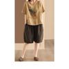 Women Summer Round Neck Short Sleeve Floral Vase Print Linen Cotton Casual Blouse