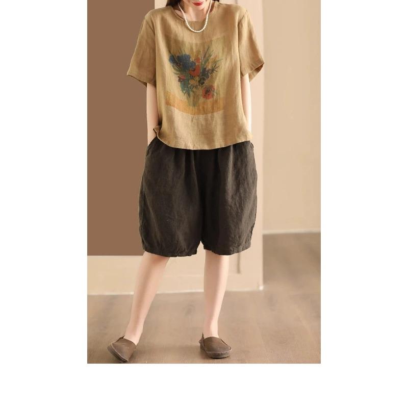 Women Summer Round Neck Short Sleeve Floral Vase Print Linen Cotton Casual Blouse