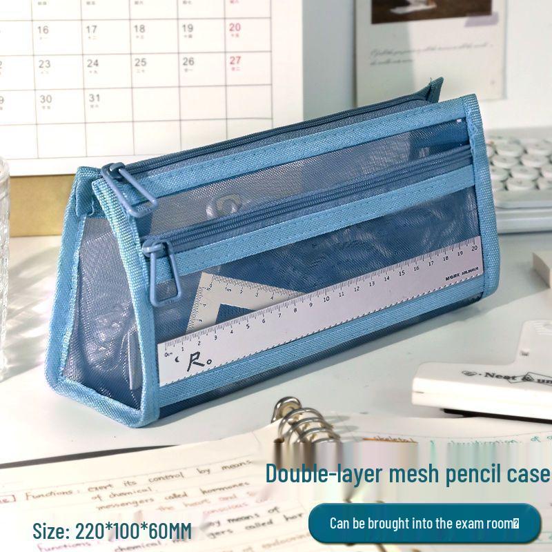 Transparent Dirt-Resistant Double-Layer Mesh Pencil Case - Simple Style for Students