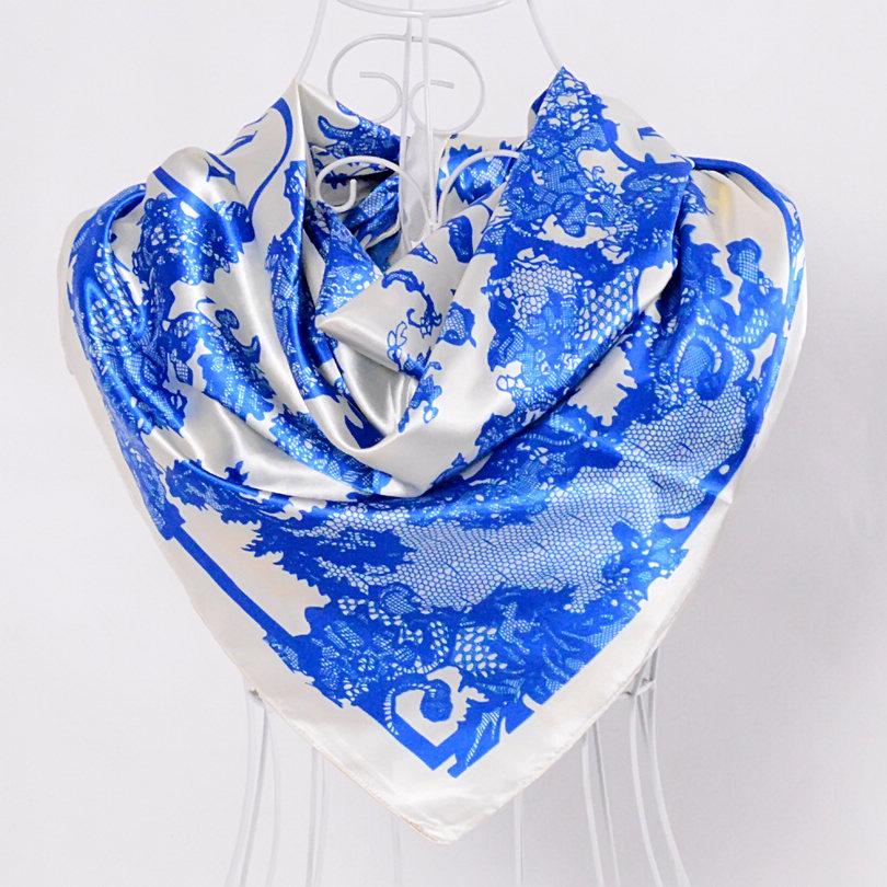 [BYISFA] Ladies Silk Scarf Wraps Europe Style Design Satin Big Square Scarf Printed New Brand Women Blue Silk Scarf  90*90cm