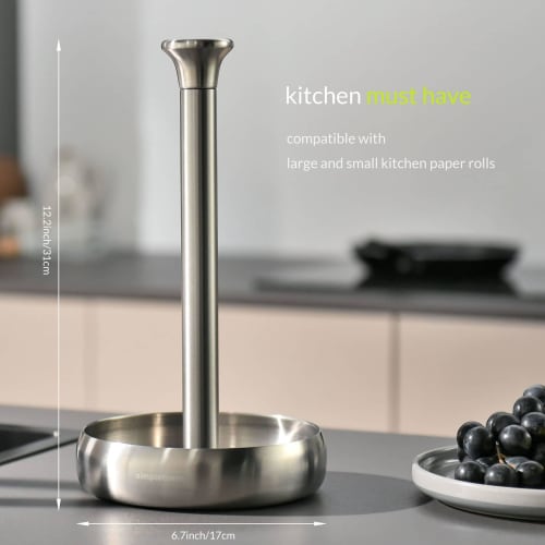 Simpletome Kitchen Paper Holder, Tabletop, One-Hand Tear, Rolled-Up Storage, Weighted Base (304 Brushed Silver)