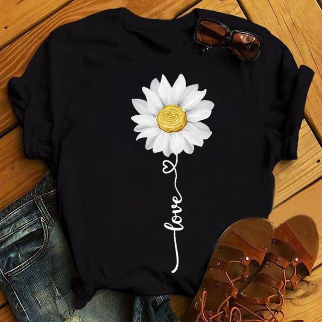 New Fashion Women Black T Shirt Friends Gift Flower Love Print Cute Tee Shirt Female Harajuku Tops Woman Short Sleeve T -Shirts