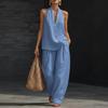 Women Halter V Neck Sleeveless Top & Wide Leg Pants Two Piece Outfit Solid Casual Summer Linen Look Matching Set