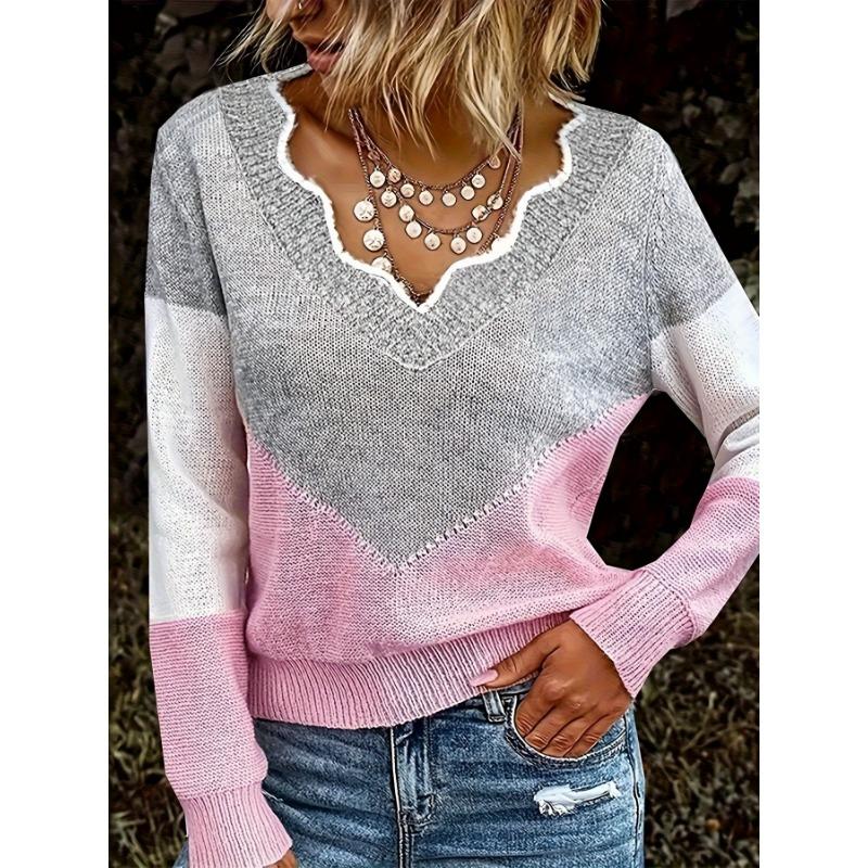 [Kuscheliger Pullover] Kuscheliger Farbblock Damen Casual V-Ausschnitt Pullover | Langarm-Pullover mit gerippten Bündchen, Herbst-/Winter-Oberteil für Freizeitkleidung
