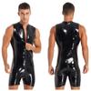 Mens Sleeveless Patent Leather Jumpsuits Zipper Bodysuit Clubwear Pole Dancing Costume