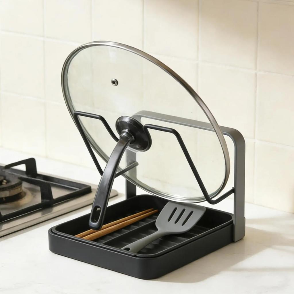 Pot Lid Holder Rack with Drain Tray Space Saving Kitchen Organizer for Pan Lid, Spoon Spatula, Cabinet Countertop Storage