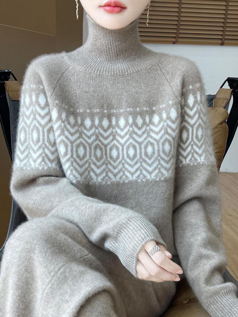 100% Wool Seven-Stitch High Neck Jacquard Women’s Sweater - Thick, Warm & Cold-Resistant Winter Base Layer
