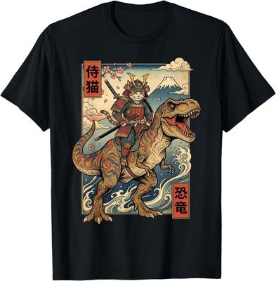 Samurai Cat Riding Dinosaur Japan T-Rex Katana Graphic T-Shirt