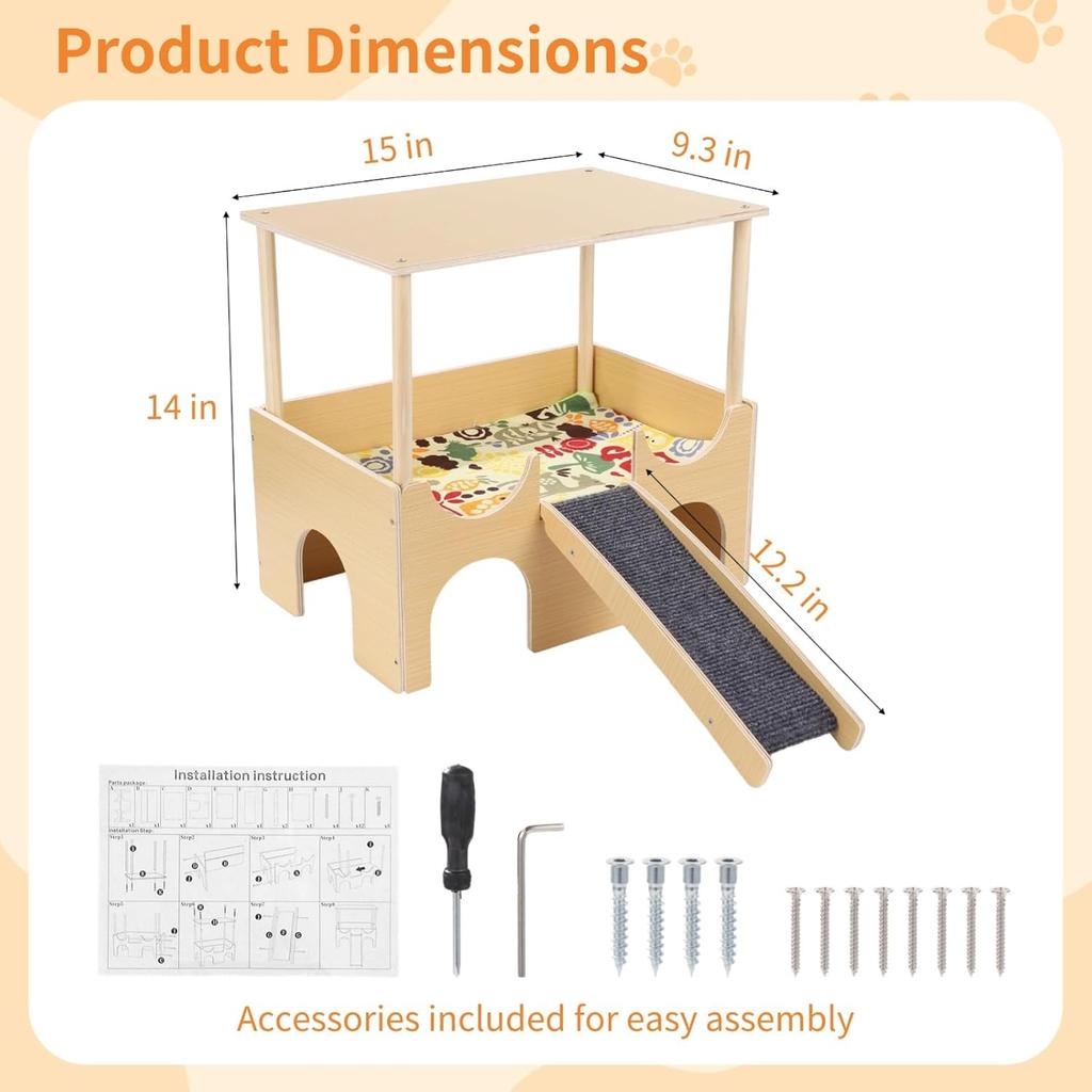 Large Wooden Guinea Pig Hideout, 2-Tier House with Non-Slip Stairs & Cushioned Pads