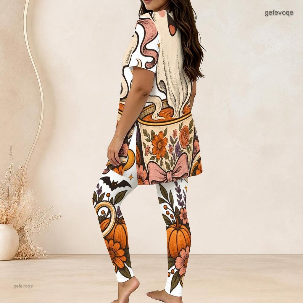 Women Plus Size Two Piece Set Round Neck Short Sleeve Cartoon Lamb Printed Top Fitted Long Pants