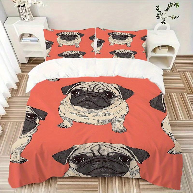3Pcs Pug Pattern Printed Bedding Set, Breathable And Soft, Machine Washable, Christmas Gift, Suitable for Bedroom Decoration, 15152