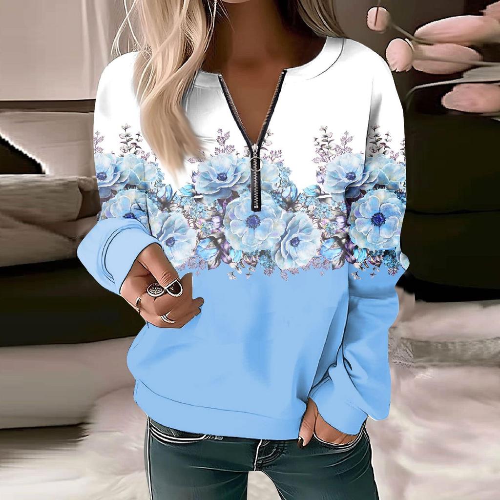 Women Sweatshirt Pullover Basic Quarter Zipper Long Sleeve Print Flowers Hoodie Casual Top