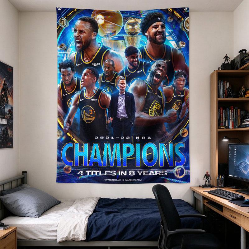 Golden State Warriors 2022 Champions Poster Blue Neon Trophy Curry Team Glow