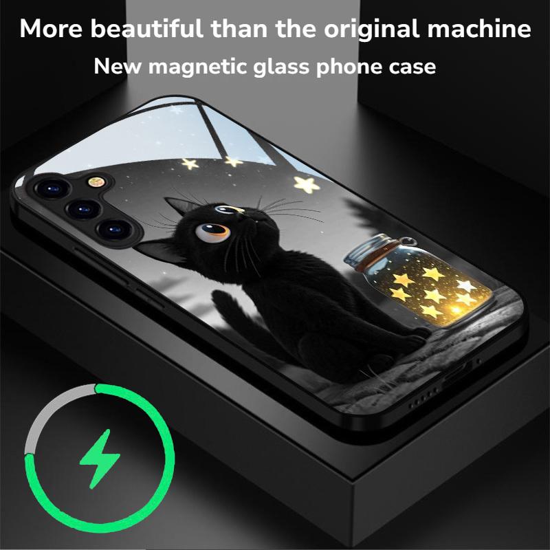 Black Cat Star Pattern Magnetic Glass Phone Case Suitable for Samsung for Galaxy S26 S25 S24 S22 S21 S20FE Ultra Plus5GAnti Drop