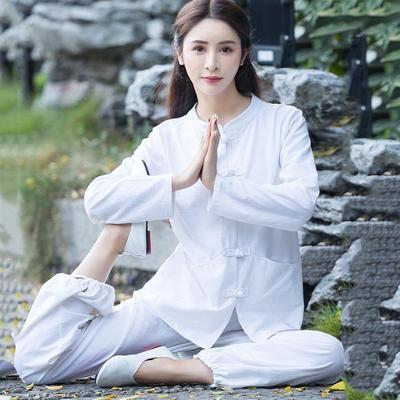 Terno de yoga de algodão e linho, traje de tai chi, kung fu chinês, cor sólida, tamanho grande, solto, duas peças