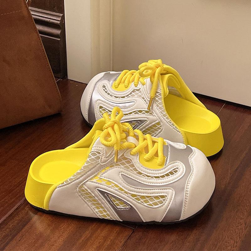 Muffin Thick Bottom Mesh Breathable Bag Head Half Slippers Women's Summer Wear 2025 New One-pedal Lazy Ugly Cute Sandals