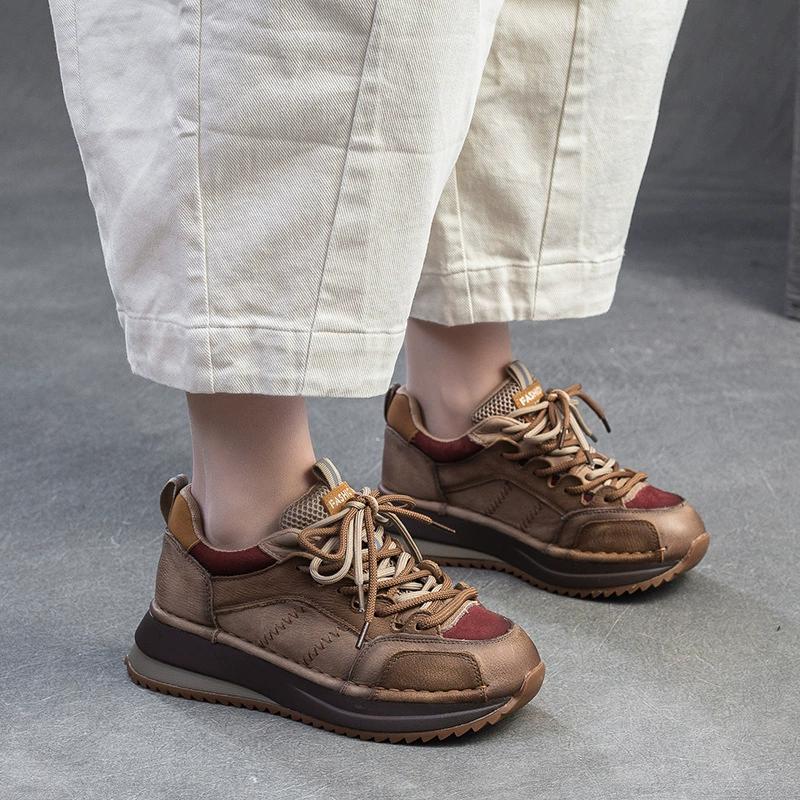 Fashion GKTINOO Sneakers Women Genuine Cow Leather Flats Thick soled Lace-Up Spring Autumn Lady Casual Flat Shoes Handmade Women Shoes