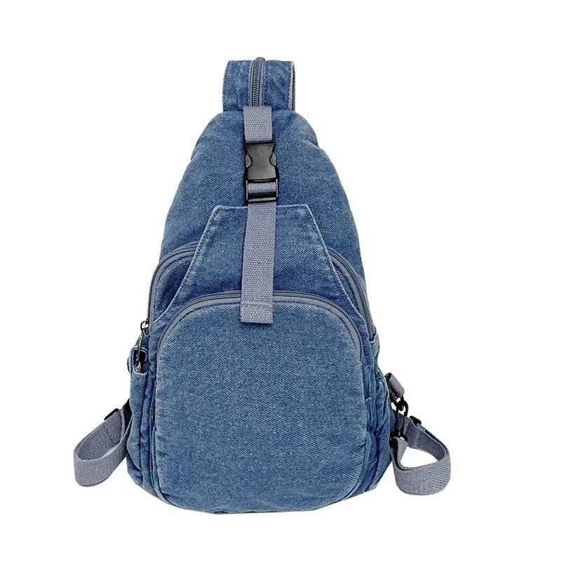 

Solid Color Denim Zipper Western Style Waist Packs 2026 Versatile Casual Chest Bags Soft Simple Commuting Crossbody Bag светло-синий