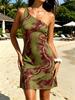 Olive Green Red Dragon Print One Shoulder Dress, Slim Fit Summer Mini Sundress