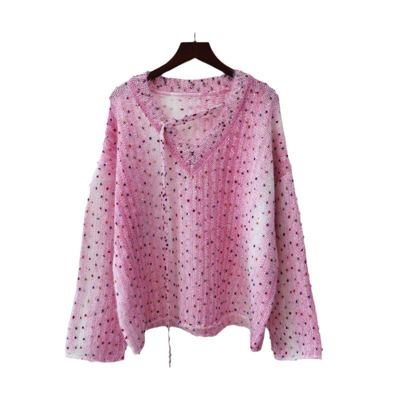 Autumn and Winter New Color Dot Design Knitted Sweater Top Soft Waxy Sequins Loose and Thin Sweater Pullover Women's Clothing