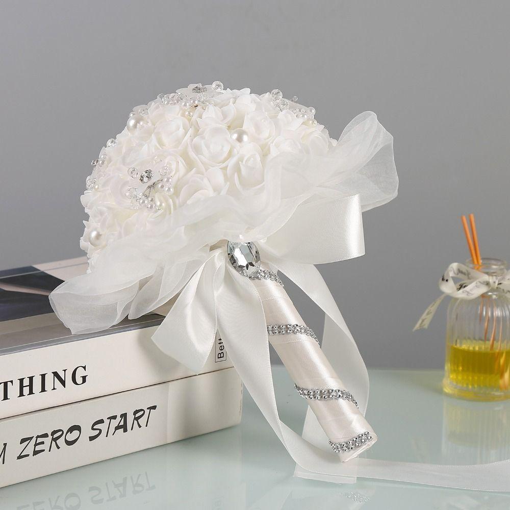 New Simple Bridal Bouquet High-end Feel Artificial Roses Wedding Handheld Flower White Silk Bridesmaid Bouquet Festivals Decor