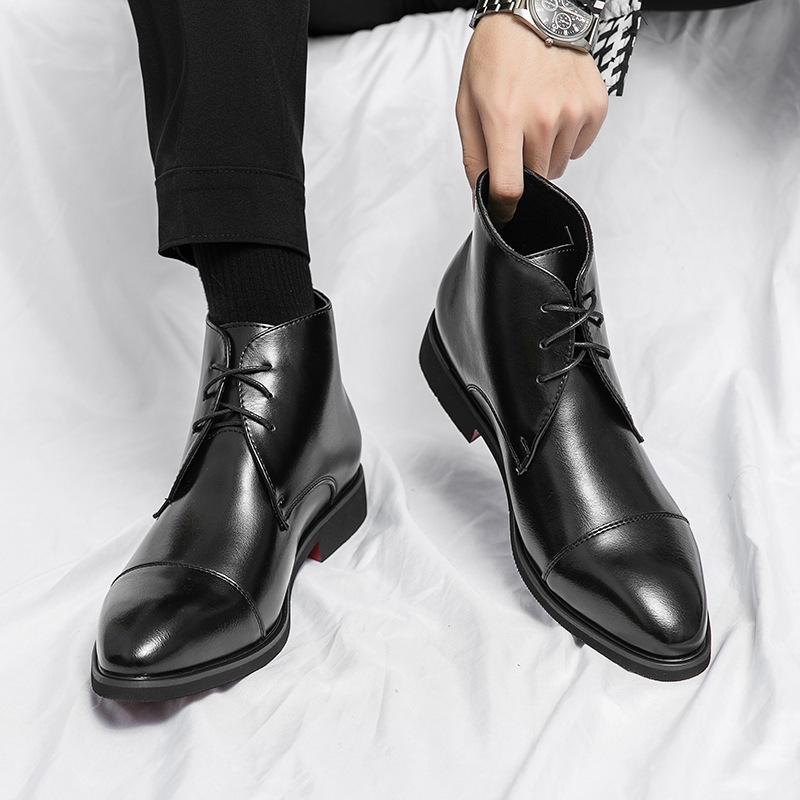 Large size high-top pointed men's boots autumn and winter new business dress British fashion lace-up high-top leather boots men