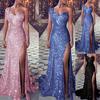 Women Sequin Prom Party Ball Gown Sexy Gold Evening Bridesmaid V Neck Long Dress