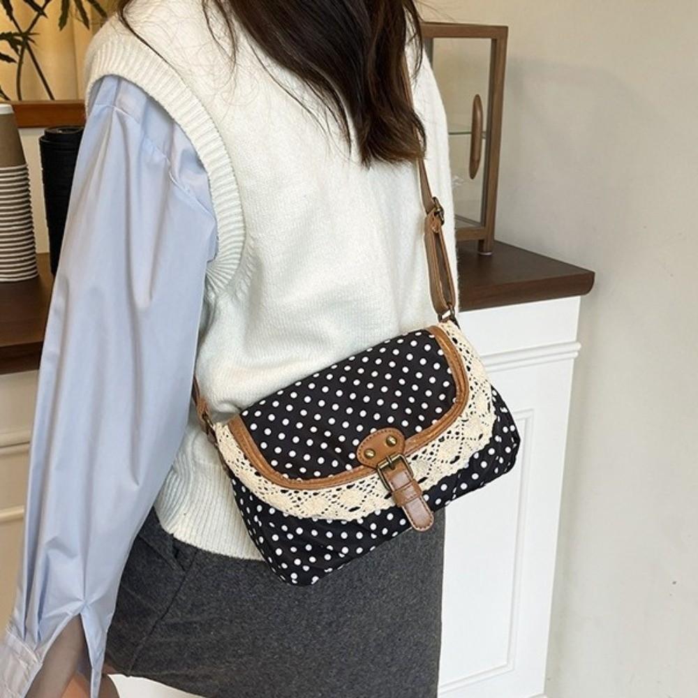Sweet Lace Ladies Flap Crossbody Bag Polka Dots Vintage Canvas Sling Bag Daily Use