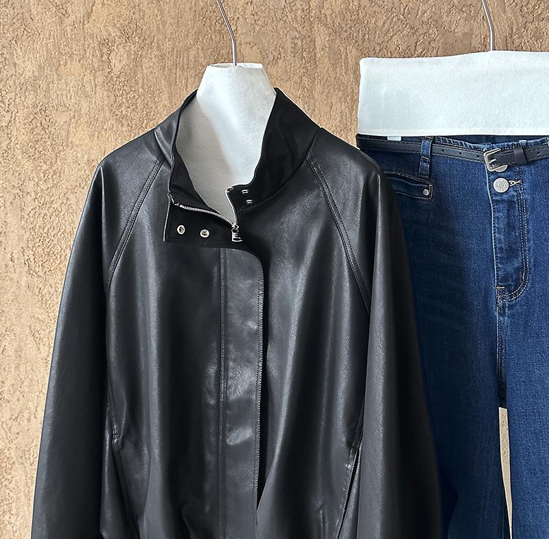 Orange Zhi Early Autumn Stand-Up Collar Leather Motorcycle Jacket 39116