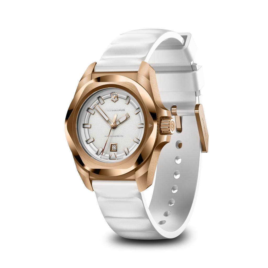 Victorinox I.N.O.X. Small Analog Watch, Waterproof, White Dial, White Rubber Strap, Rose Gold Stainless Steel Case (316L), Strap Replacement
