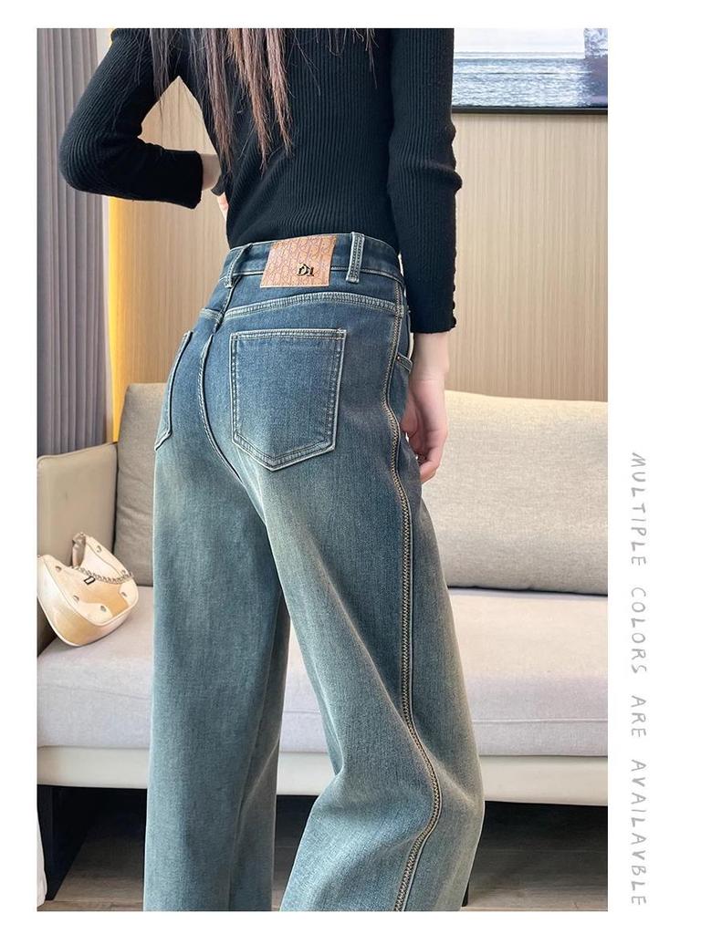Dámské plyšové džíny s vysokým pasem a širokými nohavicemi - Zimní 2024 Retro rovné kalhoty